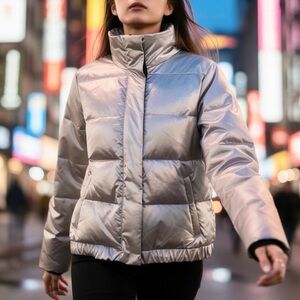 Athleta Metallic Silver Goose Down Jacket